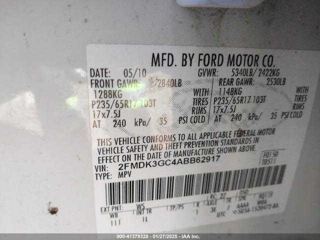41379328 :رقم المزاد ، 2FMDK3GC4ABB62917 vin ، 2010 Ford Edge Se مزاد بيع