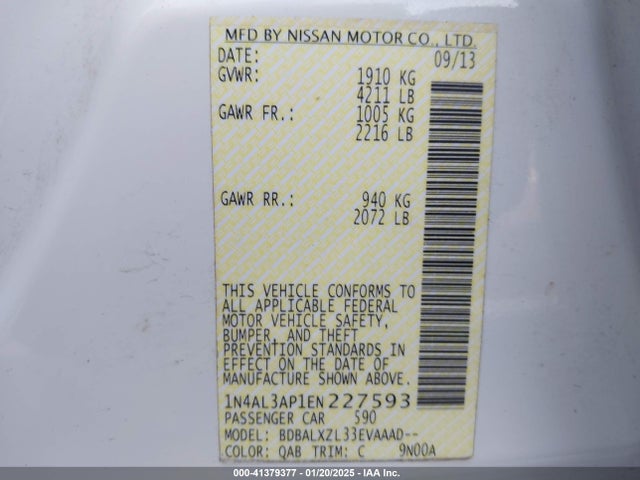 Nissan Altima 2.5 Sl 2014 1N4AL3AP1EN227593 Image 9