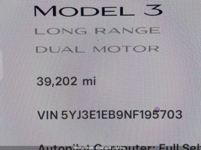 5YJ3E1EB9NF195703 Tesla Model 3 Long Range Dual Motor All-wheel Drive