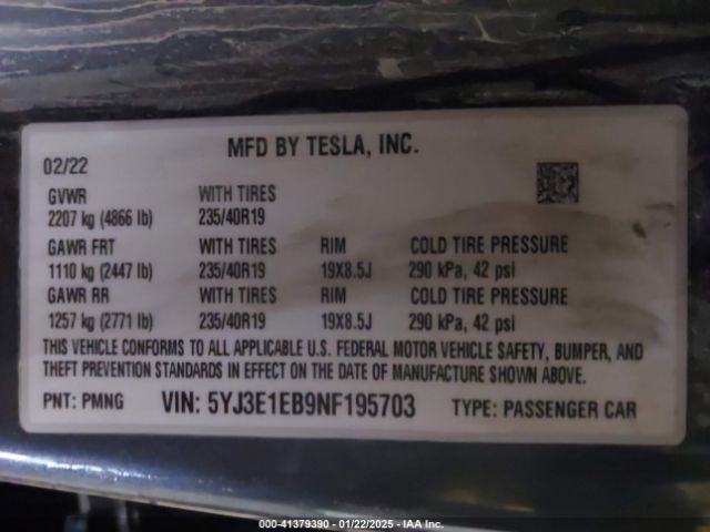 5YJ3E1EB9NF195703 Tesla Model 3 Long Range Dual Motor All-wheel Drive