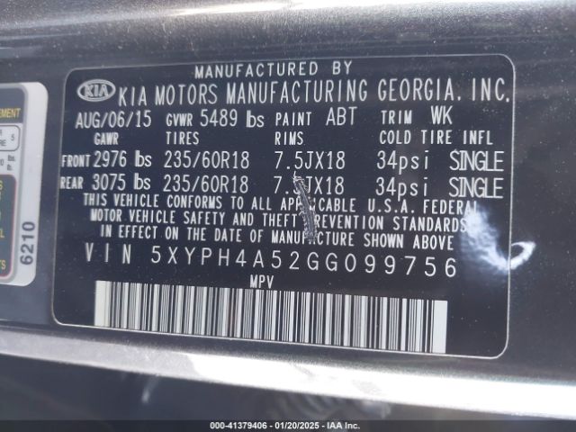 5XYPH4A52GG099756 KIA Sorento 3.3l Ex
