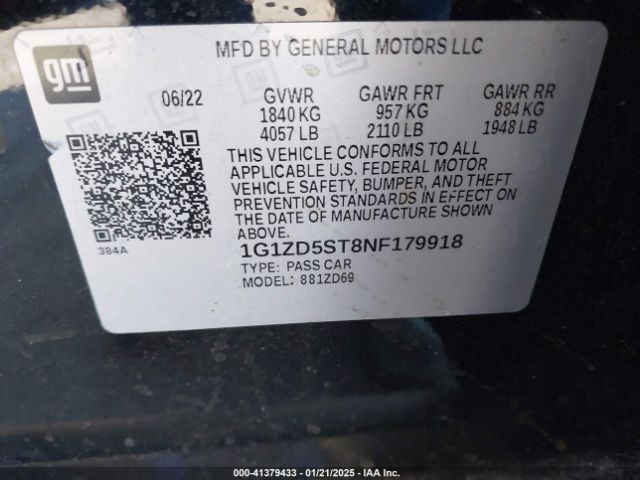 1G1ZD5ST8NF179918 Chevrolet Malibu Fwd Lt