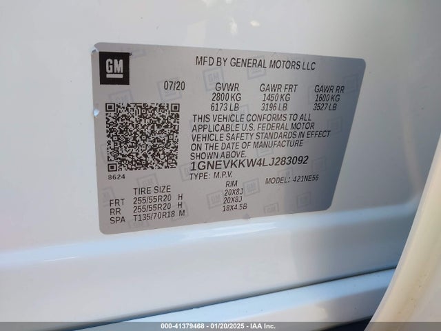 1GNEVKKW4LJ283092 Chevrolet Traverse Awd Premier