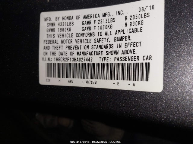 Honda ACCORD SEDAN 2017 1HGCR2F13HA027442 Image 9