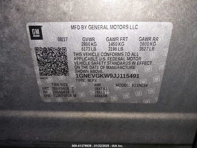 1GNEVGKW9JJ115491 Chevrolet Traverse 1lt