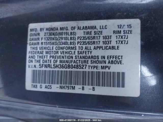 5FNRL5H36GB048527 Honda ODYSSEY SE