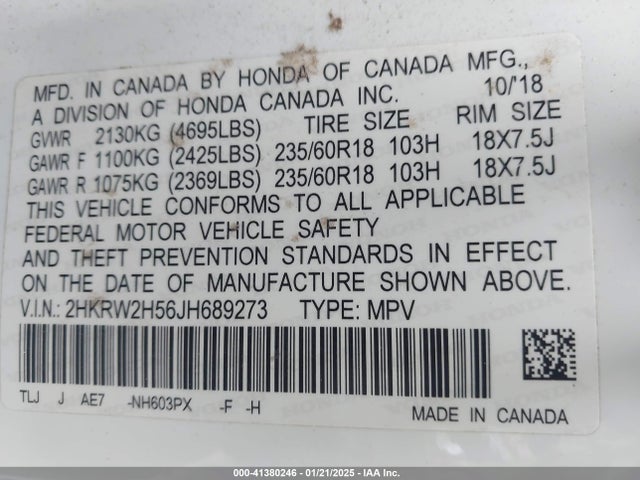 2HKRW2H56JH689273 Honda l15be