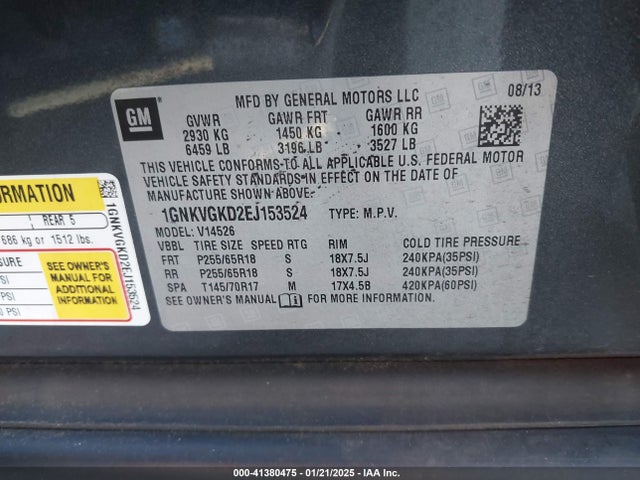 Chevrolet Traverse 1lt 2014 1GNKVGKD2EJ153524 Image 9