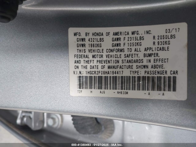 Honda ACCORD EX 2017 1HGCR2F06HA194417 Image 9