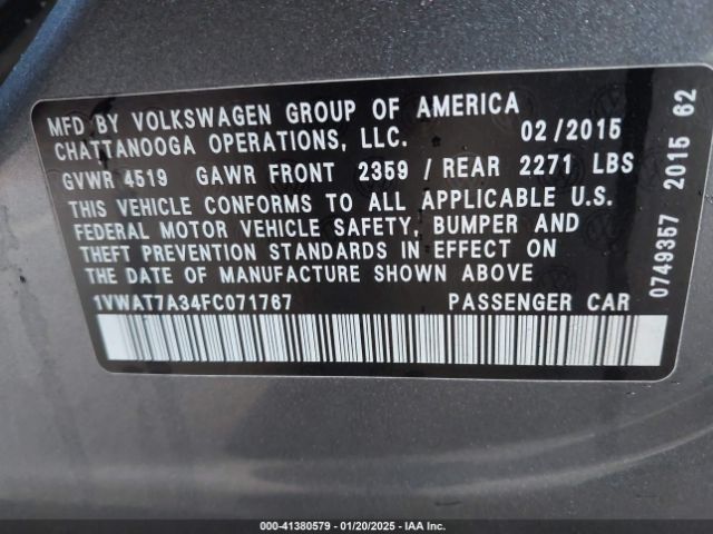 1VWAT7A34FC071767 Volkswagen Passat 1.8t Wolfsburg Edition