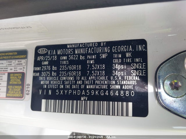 5XYPHDA59KG464880 KIA Sorento 3.3l Ex
