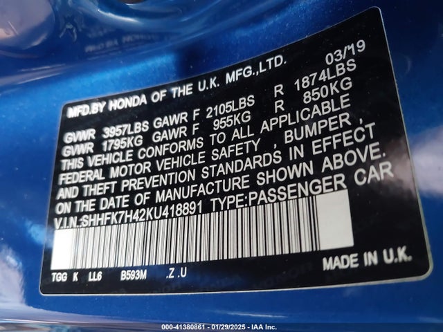SHHFK7H42KU418891 Honda Civic Sport