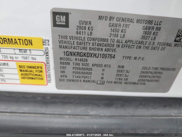 1GNKRGKDXHJ109764 Chevrolet Traverse 1lt