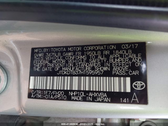 JTDKDTB37H1595957 Toyota Prius C One