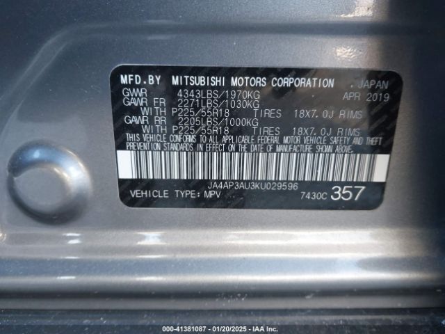 JA4AP3AU3KU029596 Mitsubishi Outlander Sport 2.0 Es