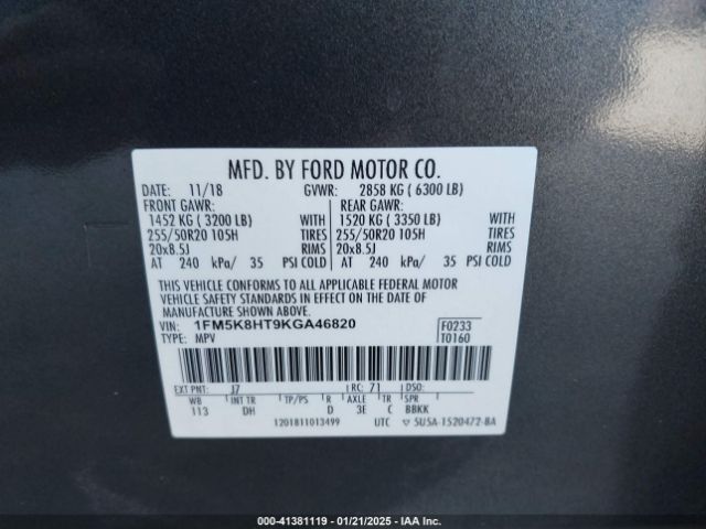 1FM5K8HT9KGA46820 Ford Explorer Platinum