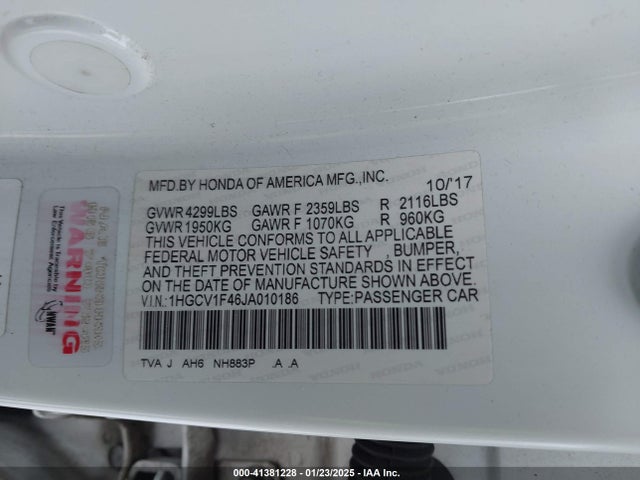 Honda ACCORD EX 2018 1HGCV1F46JA010186 Image 9