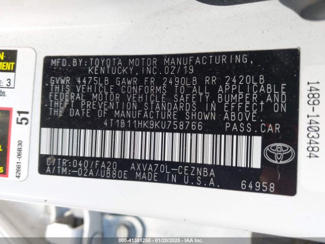 4T1B11HK9KU758766 Toyota CAMRY LE