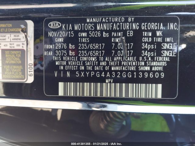 5XYPG4A32GG139609 KIA Sorento 2.4l L