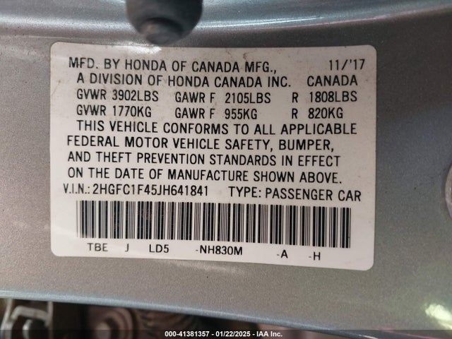 2HGFC1F45JH641841 Honda Civic Ex-t