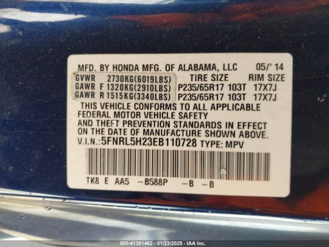 5FNRL5H23EB110728 Honda ODYSSEY LX