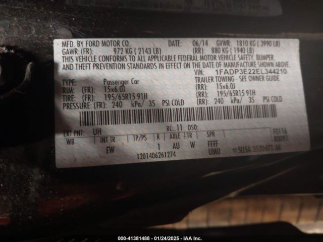 1FADP3E22EL344210 Ford FOCUS S