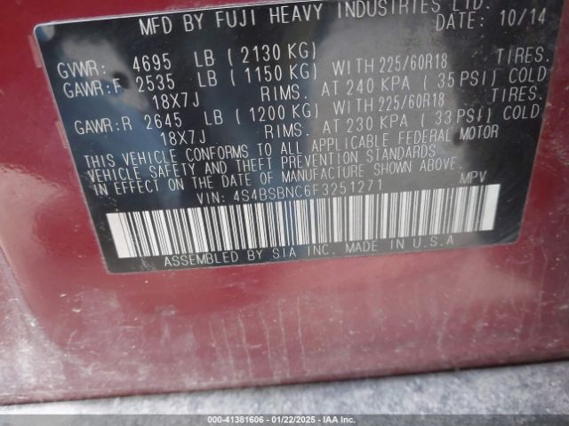 4S4BSBNC6F3251271 Subaru Outback 2.5i Limited