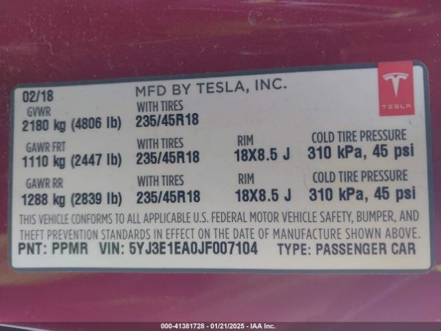 5YJ3E1EA0JF007104 Tesla Model 3 Long Range/mid Range