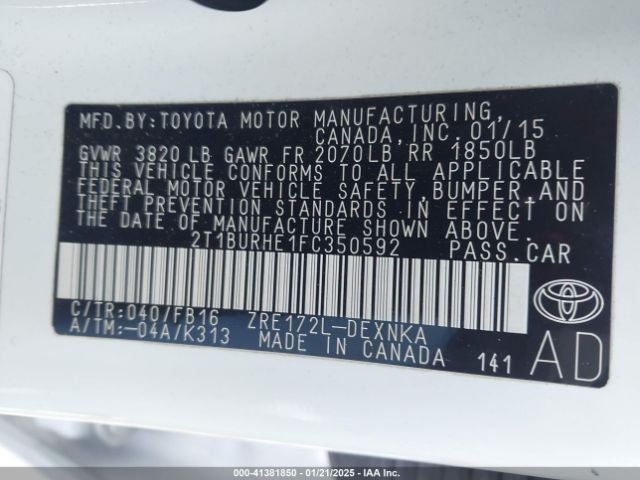 2T1BURHE1FC350592 Toyota COROLLA LE