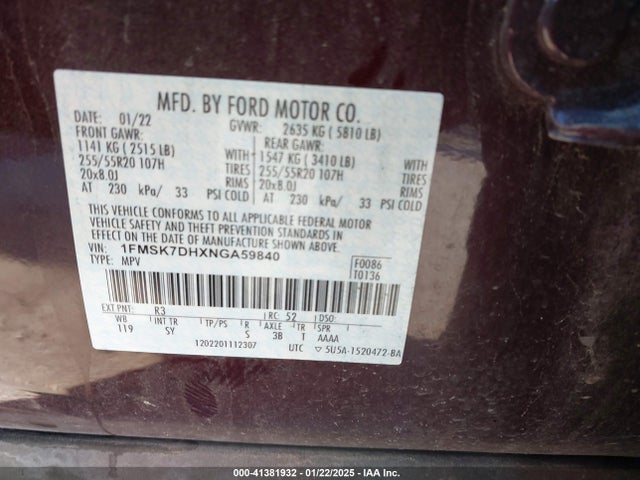 1FMSK7DHXNGA59840 Ford EXPLORER XLT