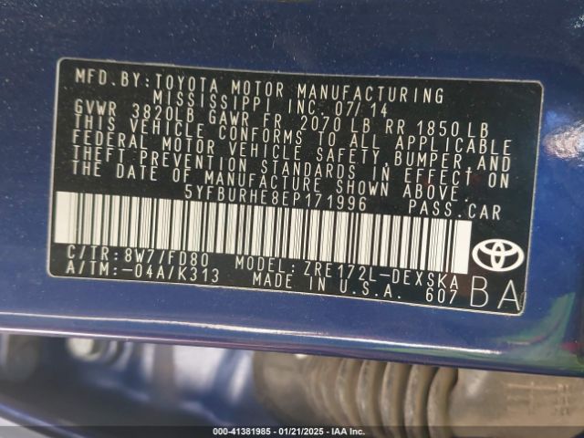 5YFBURHE8EP171996 Toyota Corolla L/le/le Pls/prm/s/s Pls