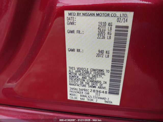 Nissan Altima 2.5 Sl 2014 1N4AL3AP8EC289648 Image 9