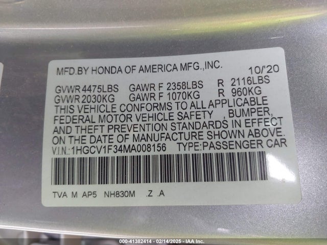 1HGCV1F34MA008156 Honda Accord Sport