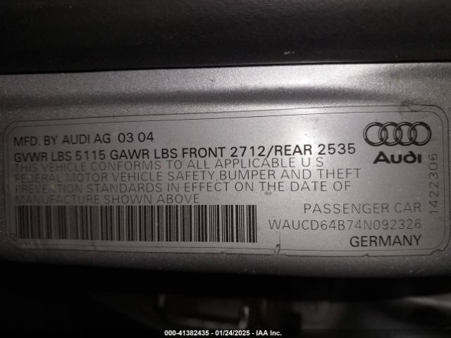 2004 AUDI A6 WAUCD64B74N092326 Photo 8