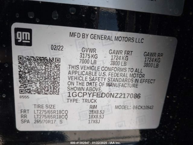 1GCPYFED0NZ217086 Chevrolet Silverado 1500 Ltd 4wd  Short Bed Lt Trail Boss