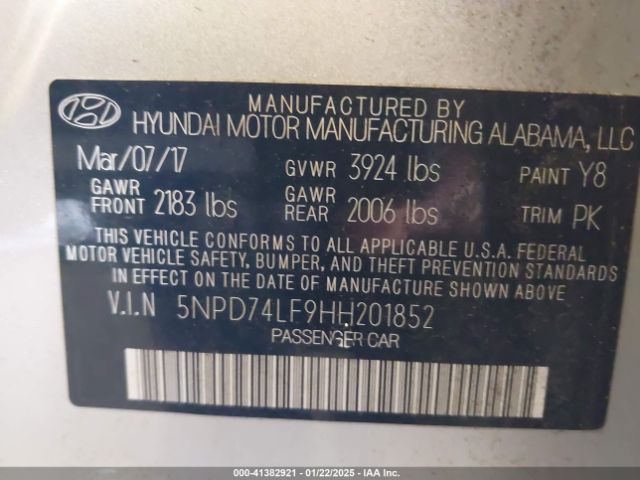 5NPD74LF9HH201852 Hyundai ELANTRA SE