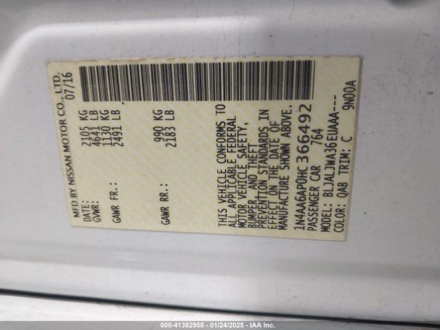 1N4AA6AP0HC366492 Nissan Maxima 3.5 Platinum/3.5 S/3.5 Sl/3.5 Sr/3.5 Sv