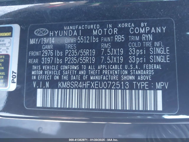 KM8SR4HFXEU072513 Hyundai Santa Fe Limited