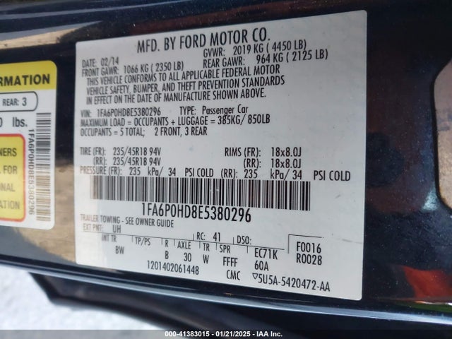 Ford FUSION SE 2014 1FA6P0HD8E5380296 Image 9