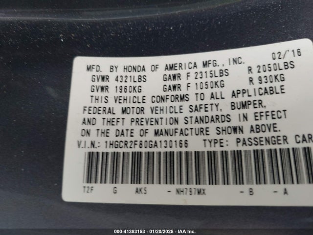 Honda Accord Ex-l 2016 1HGCR2F80GA130166 Image 9