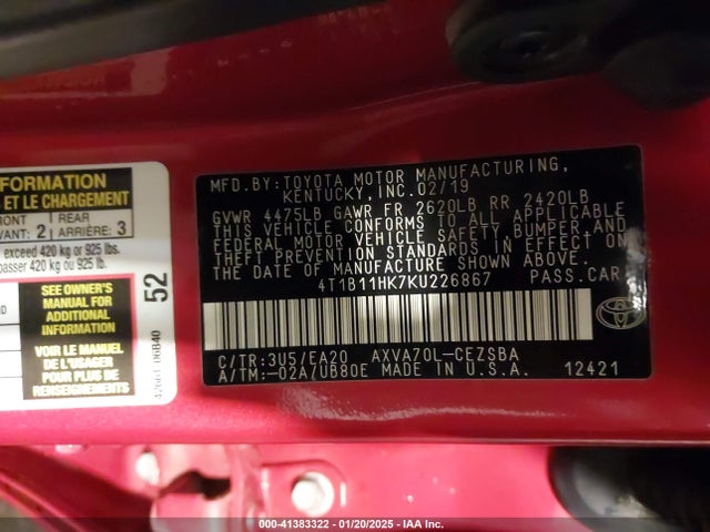 4T1B11HK7KU226867 Toyota CAMRY SE