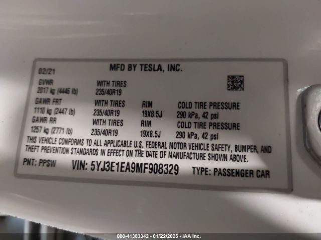 5YJ3E1EA9MF908329 Tesla Model 3 Standard Range Plus Rear-wheel Drive