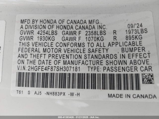 2HGFE4F87SH307181 Honda Civic  Hybrid Sport/sport Touring