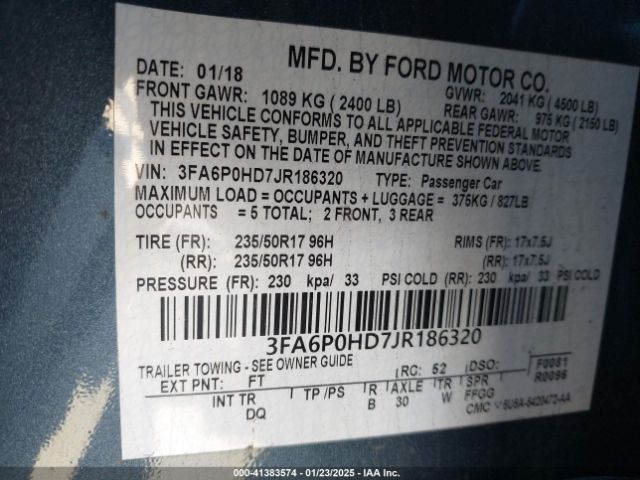 3FA6P0HD7JR186320 Ford FUSION SE