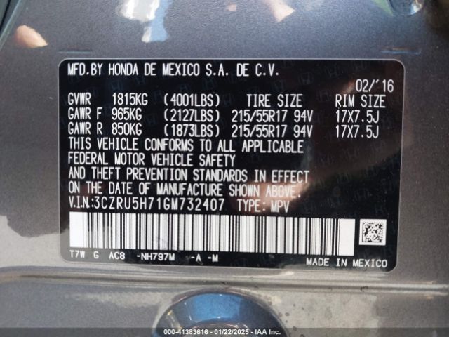 3CZRU5H71GM732407 Honda Hr-v Ex-l