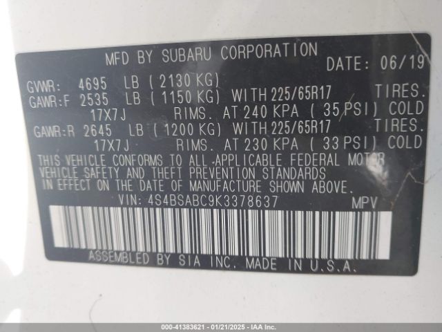 4S4BSABC9K3378637 Subaru Outback 2.5i