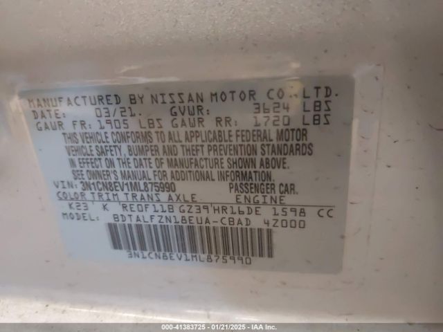 3N1CN8EV1ML875990 Nissan Versa Sv Xtronic Cvt