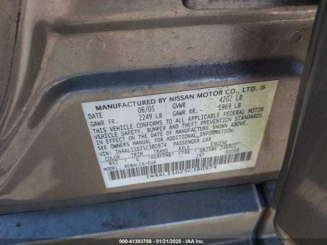 Продаж на аукціоні авто 2005 Nissan Altima 2.5 S, vin: 1N4AL11D25C380974, номер лоту: 41383756