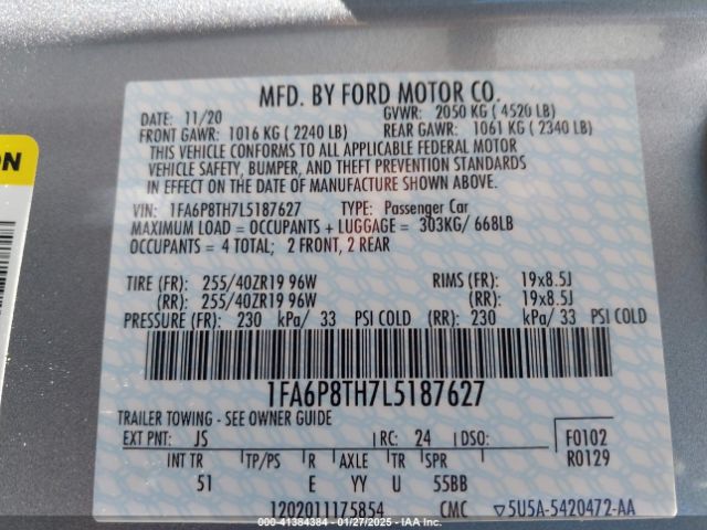1FA6P8TH7L5187627 Ford Mustang Ecoboost Premium Fastback