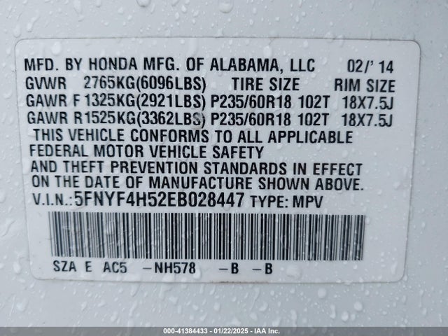 Honda Pilot Ex-l 2014 5FNYF4H52EB028447 Image 9